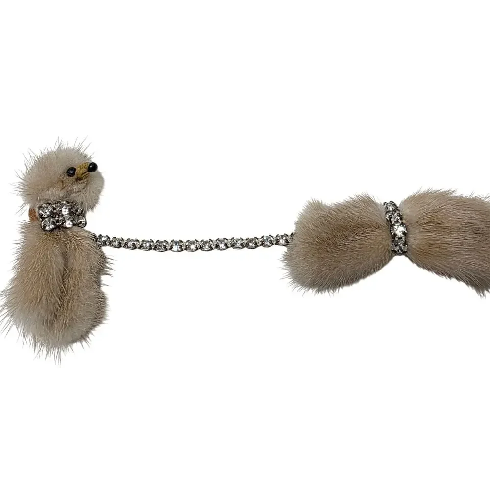 Vintage Mink Fur Mouse Sweater Guard Rhinestone Chain Double Brooch